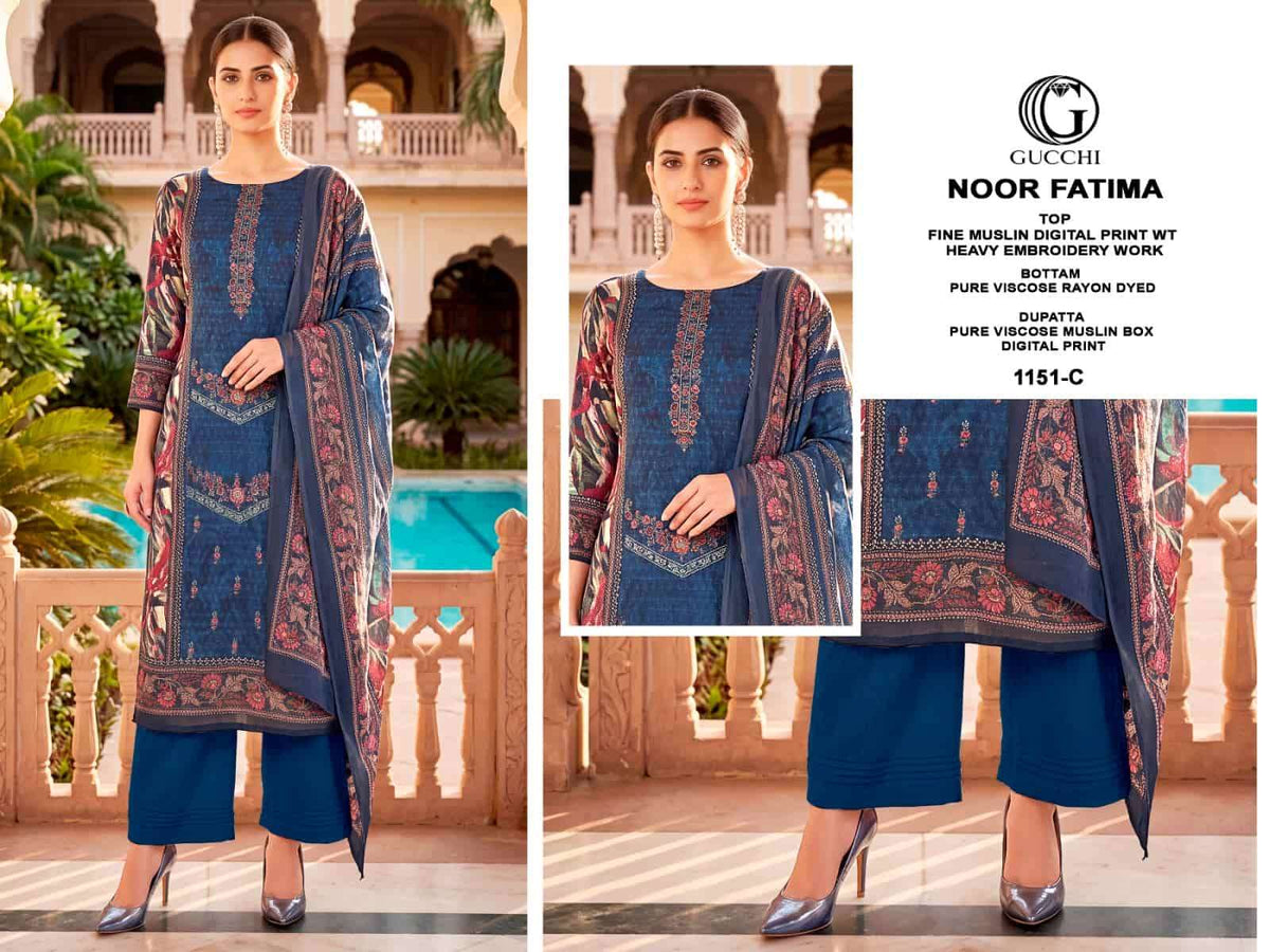Gucchi Noor Fatima 1151 Pure Viscose Muslin Dress Material - Amrah Wholesale