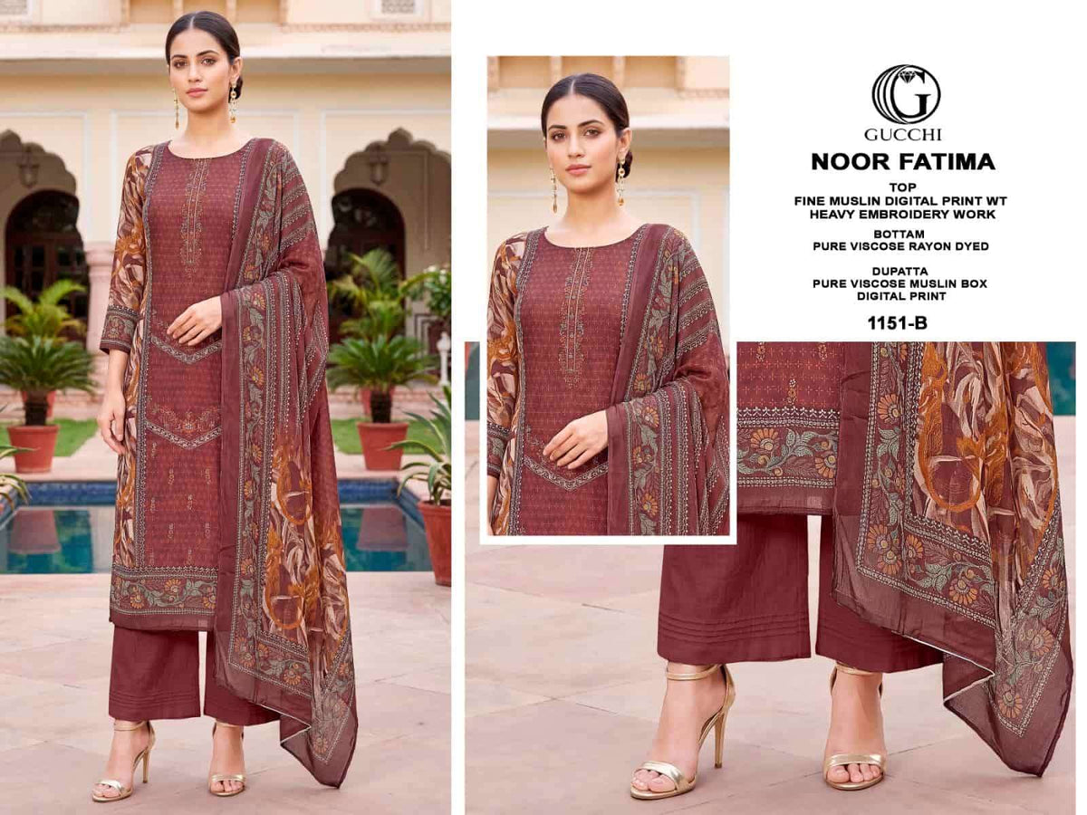Gucchi Noor Fatima 1151 Pure Viscose Muslin Dress Material - Amrah Wholesale