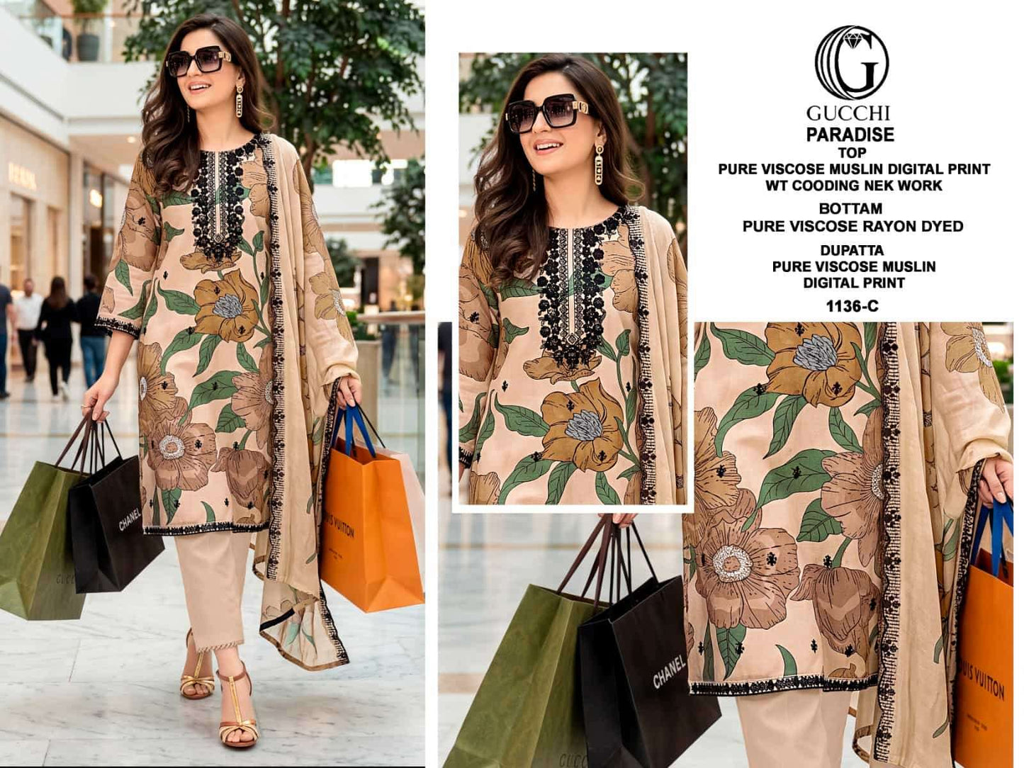 Gucchi Paradise 1136 Premium Viscose Muslin Dress Material - Amrah Wholesale