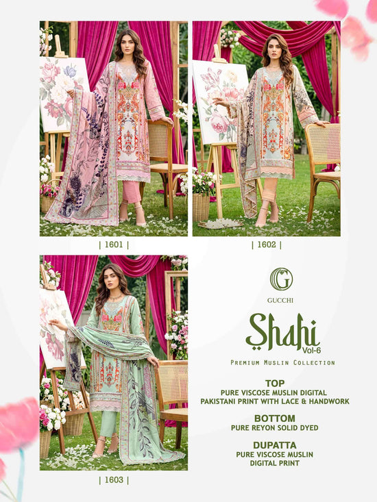 Gucchi Shahi Vol 6 Premium Viscose Muslin Digital Printed Dress