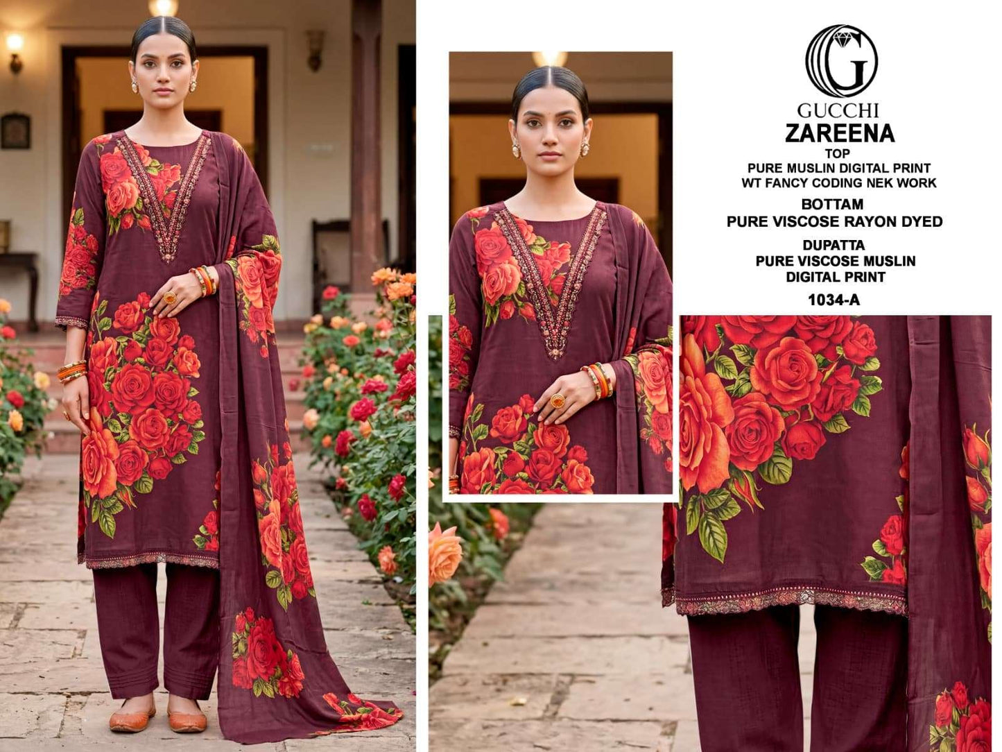 Gucchi Zareena 1034 Pure Viscose Muslin Dress Material - Amrah Wholesale