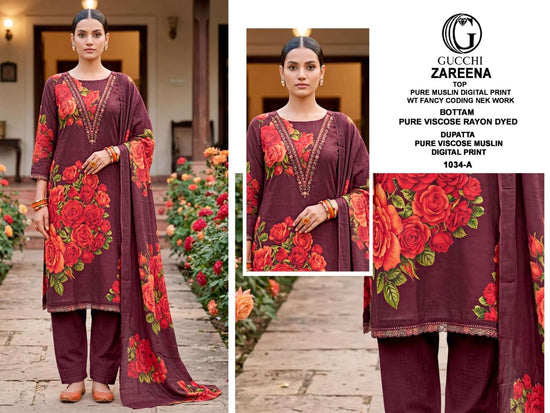 Gucchi Zareena 1034 Pure Viscose Muslin Dress Material - Amrah Wholesale