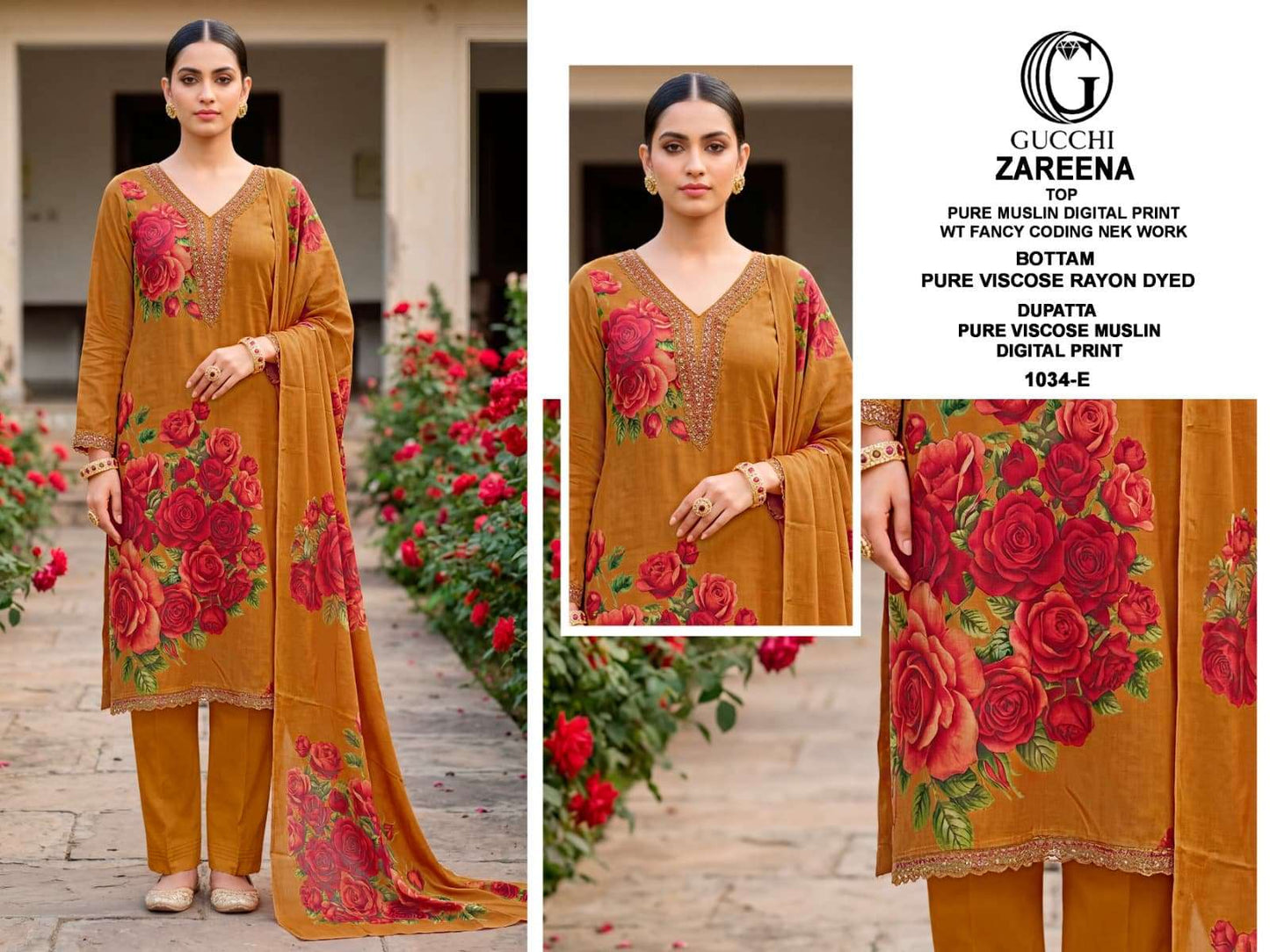 Gucchi Zareena 1034 Pure Viscose Muslin Dress Material - Amrah Wholesale