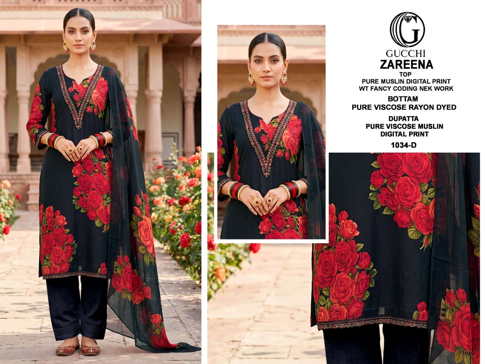 Gucchi Zareena 1034 Pure Viscose Muslin Dress Material - Amrah Wholesale