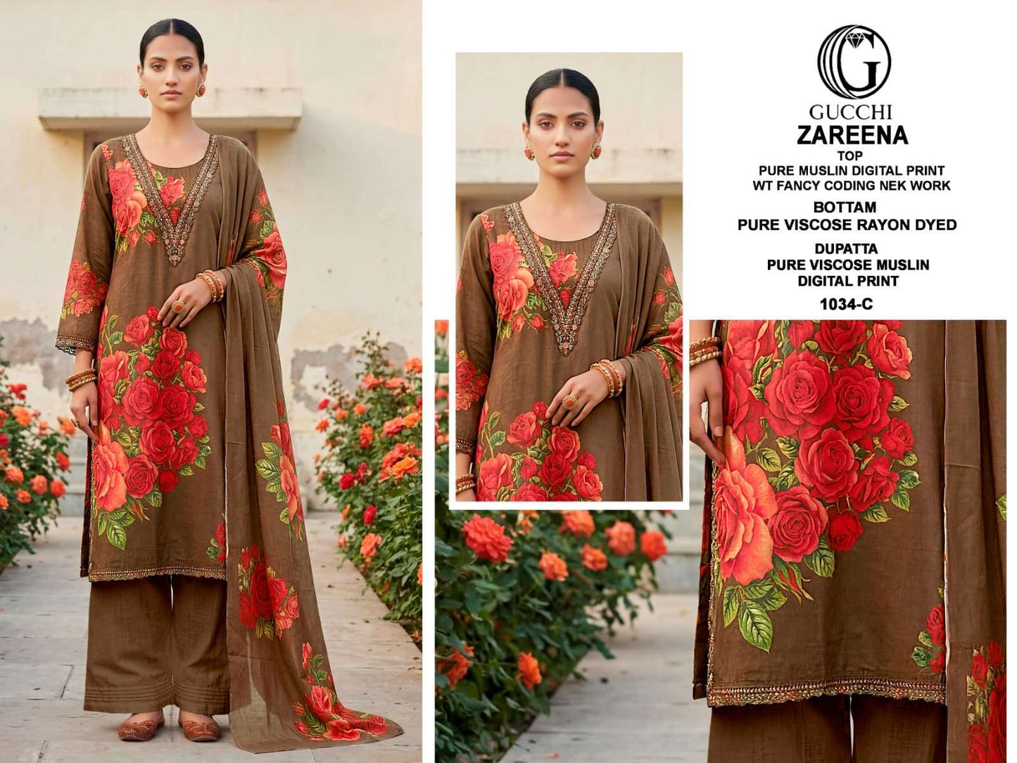 Gucchi Zareena 1034 Pure Viscose Muslin Dress Material - Amrah Wholesale