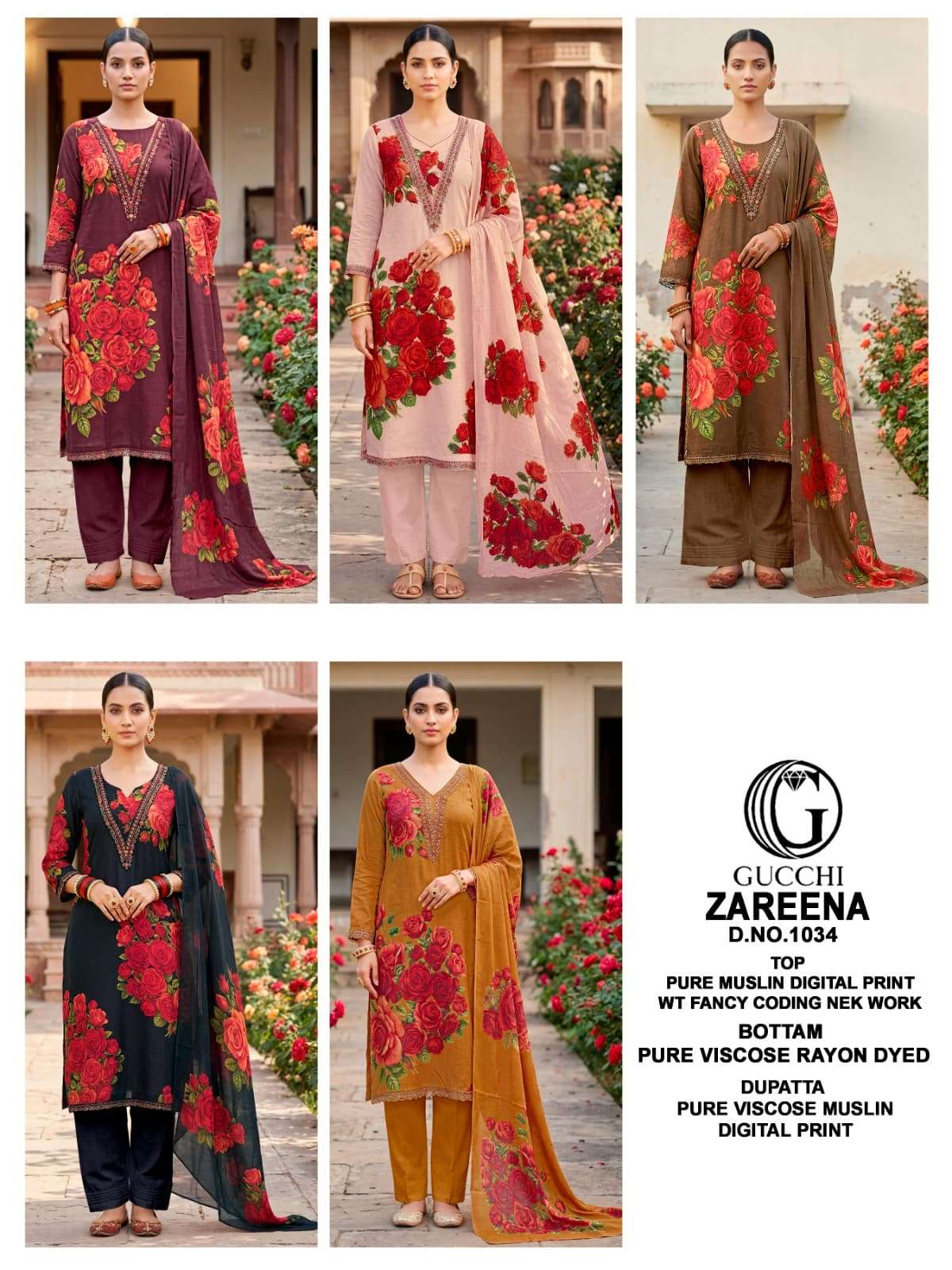 Gucchi Zareena 1034 Pure Viscose Muslin Dress Material - Amrah Wholesale