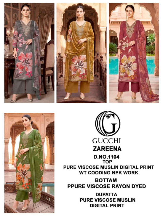 Gucchi Zareena 1104 Viscose Muslin Dress Material - Amrah Wholesale