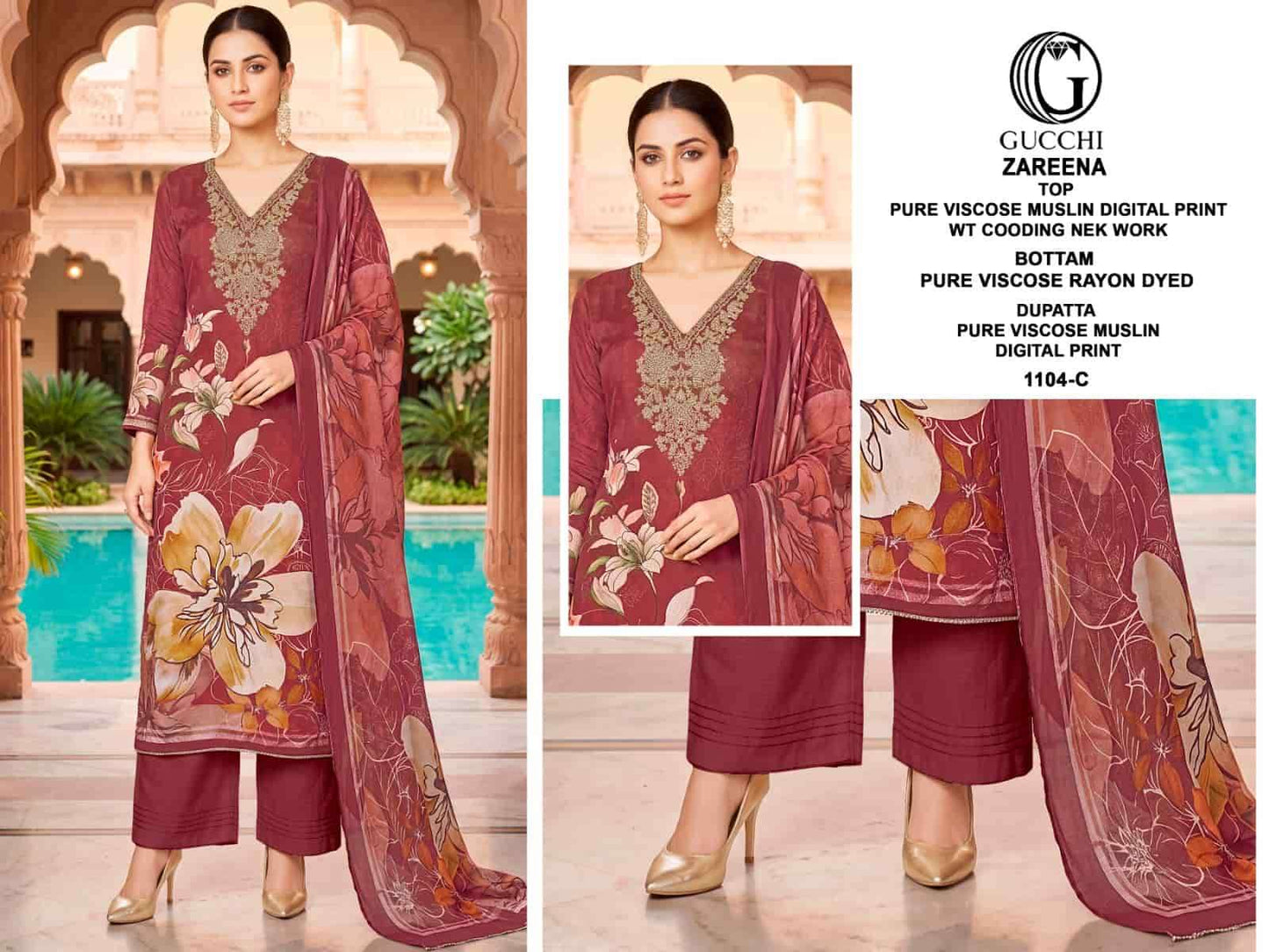 Gucchi Zareena 1104 Viscose Muslin Dress Material - Amrah Wholesale