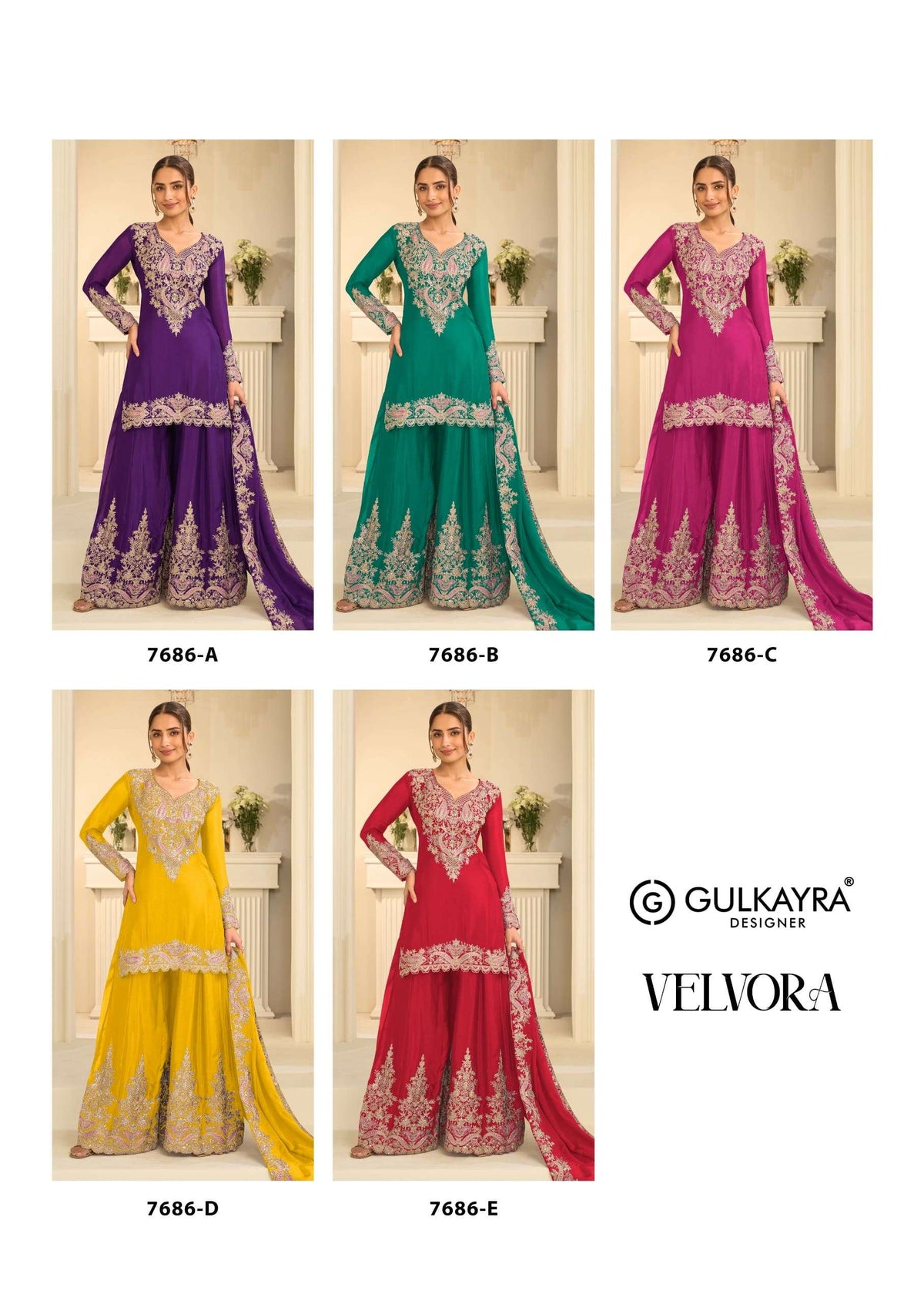 Gulkayra Velvora A To E Series Chinon Embroidery Stitched Sharara Salwar Suit Set