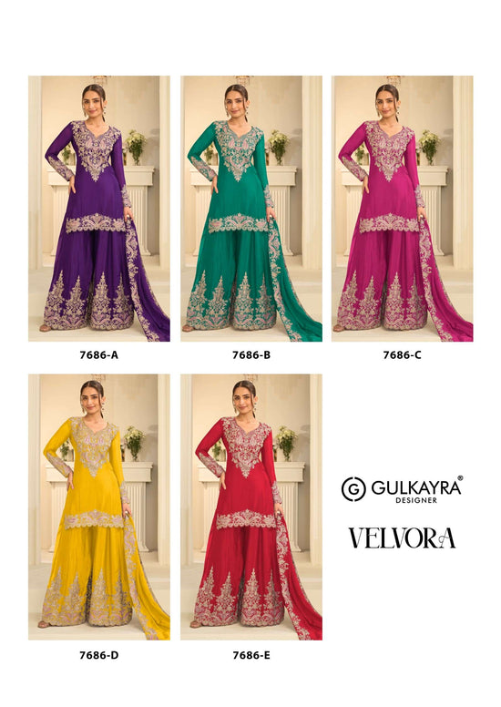 Gulkayra Velvora A To E Series Chinon Embroidery Stitched Sharara Salwar Suit Set