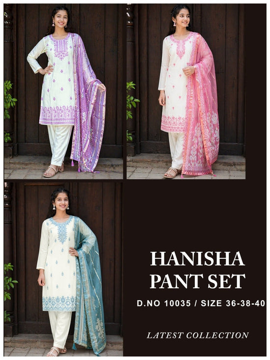 Hanisha 10035 Roman Silk Embroidery Kurti Pant Dupatta Set - Amrah Wholesale