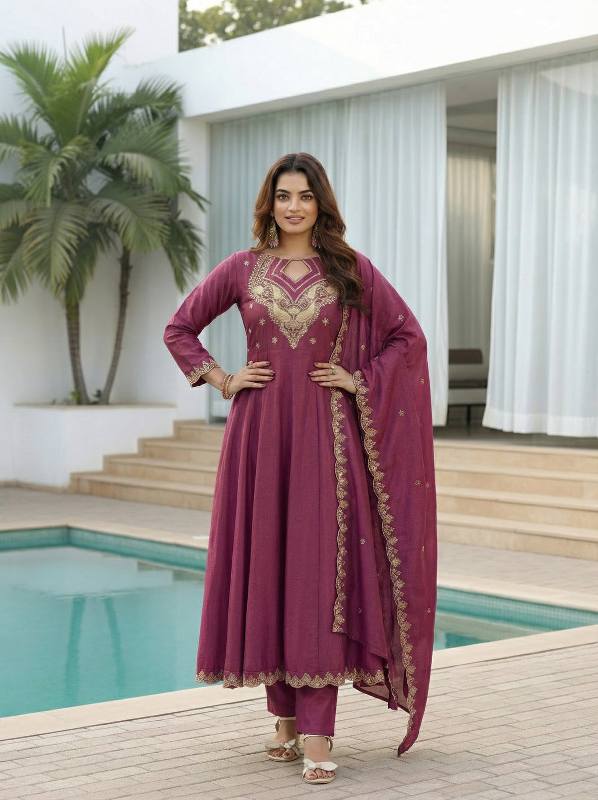 Amrah Wholesale Harshita 01 CP Vichitra Embroidered Kurti Pant Dupatta Set