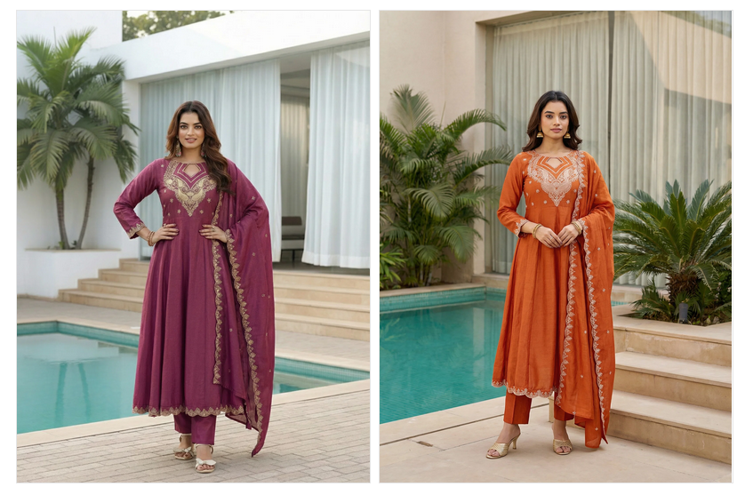 Amrah Wholesale Harshita 01 CP Vichitra Embroidered Kurti Pant Dupatta Set