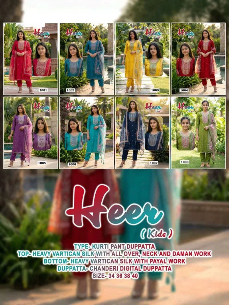 HEER KIDS Vol 1 Vatican Silk Daman Work Kurti Pant Dupatta Set