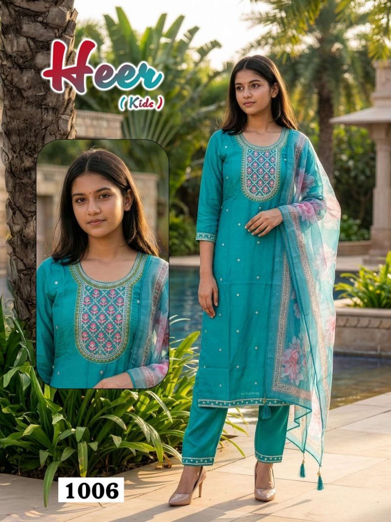 HEER KIDS Vol 1 Vatican Silk Daman Work Kurti Pant Dupatta Set