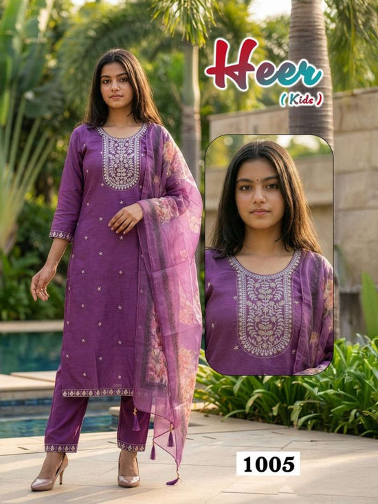 HEER KIDS Vol 1 Vatican Silk Daman Work Kurti Pant Dupatta Set