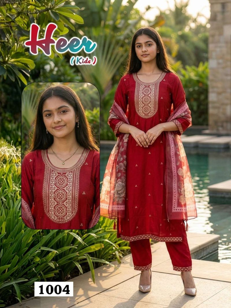 HEER KIDS Vol 1 Vatican Silk Daman Work Kurti Pant Dupatta Set