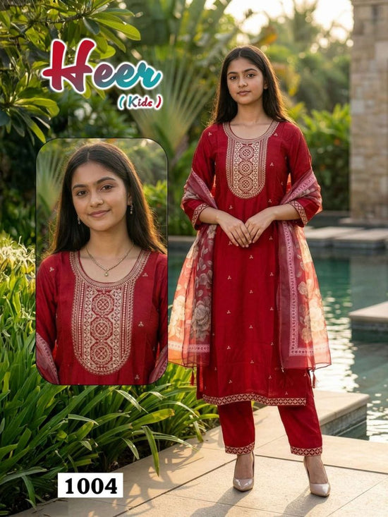 HEER KIDS Vol 1 Vatican Silk Daman Work Kurti Pant Dupatta Set