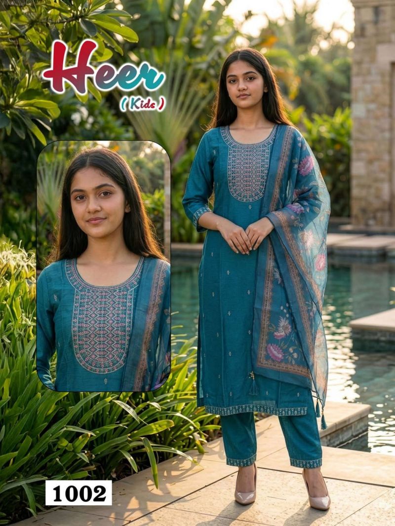 HEER KIDS Vol 1 Vatican Silk Daman Work Kurti Pant Dupatta Set