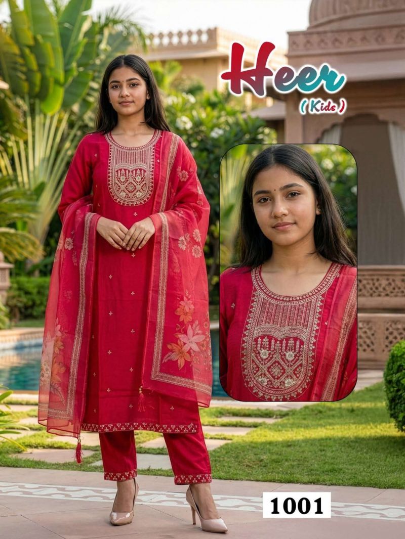 HEER KIDS Vol 1 Vatican Silk Daman Work Kurti Pant Dupatta Set