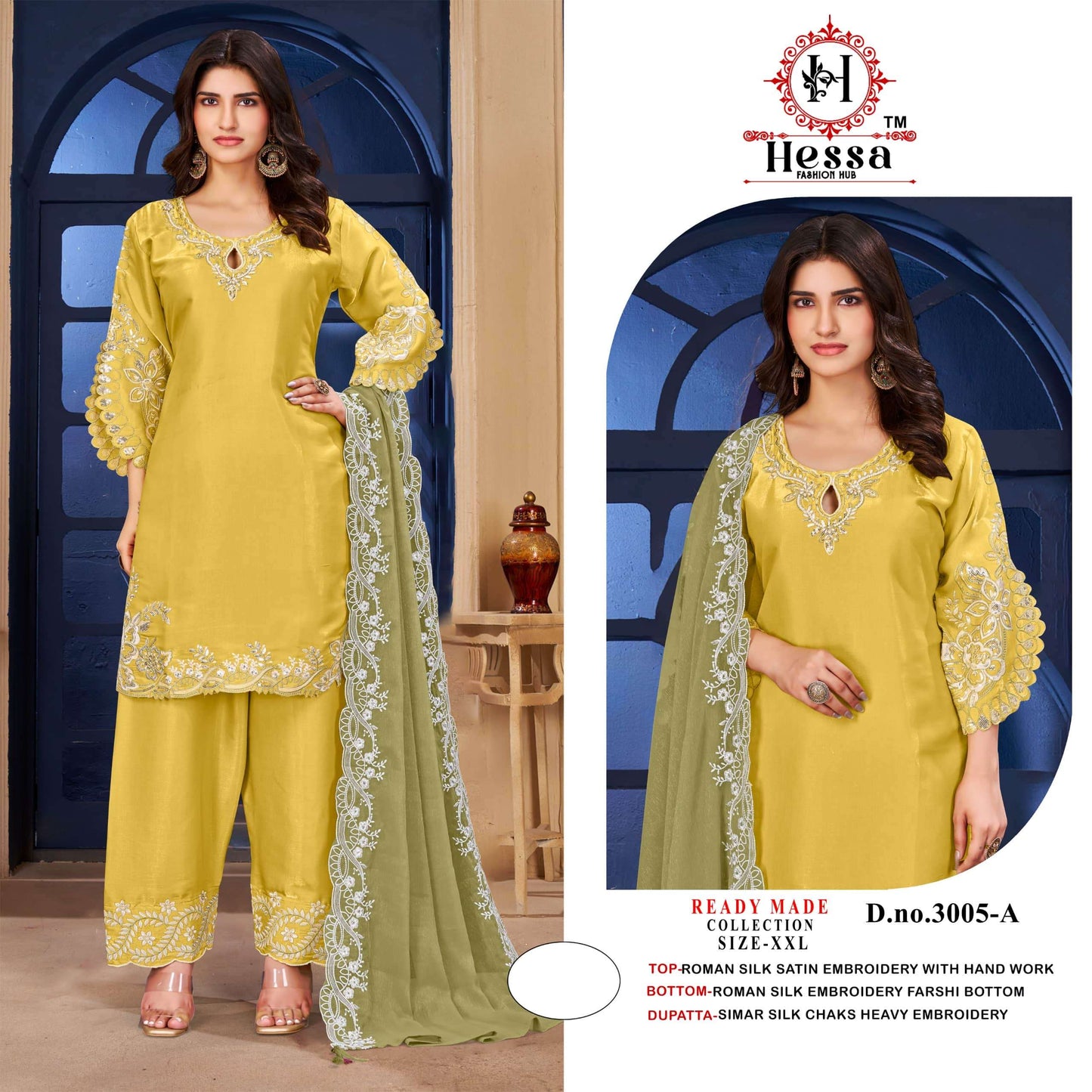 Hessa 3005 Roman Satin Embroidered Pakistani Suit Set Wholesale