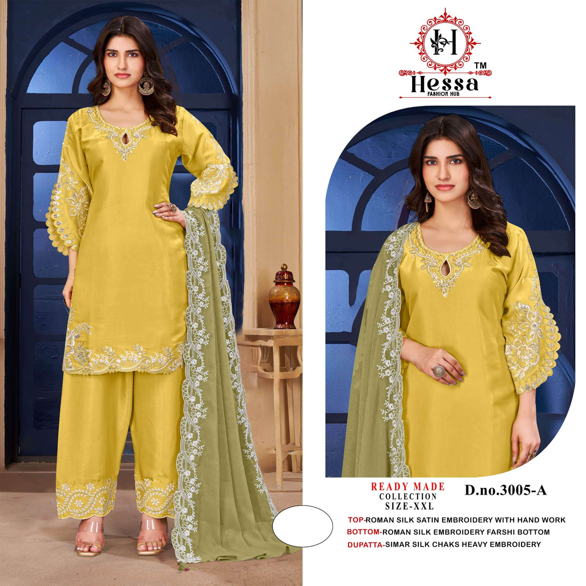 Hessa 3005 Roman Satin Embroidered Pakistani Suit Set Wholesale