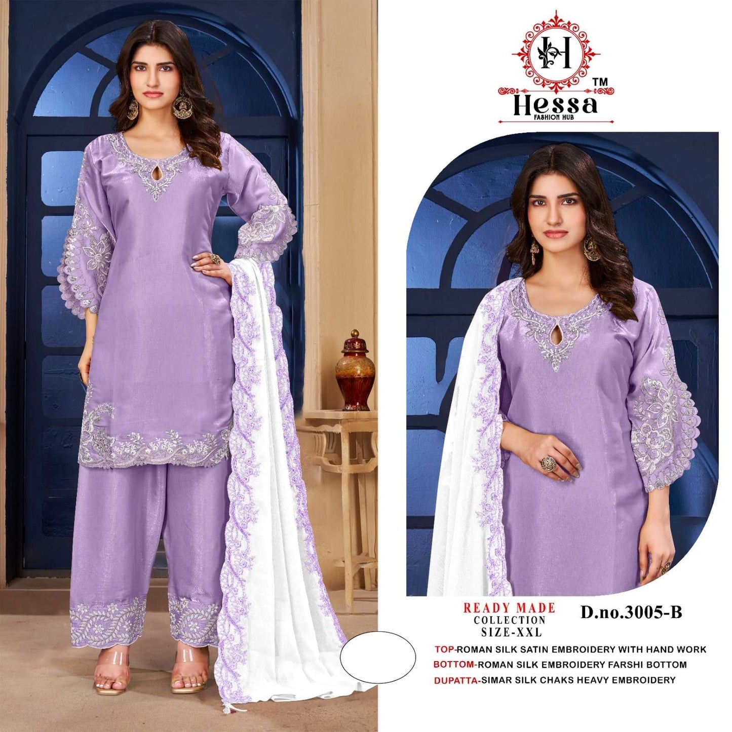 Hessa 3005 Roman Satin Embroidered Pakistani Suit Set Wholesale