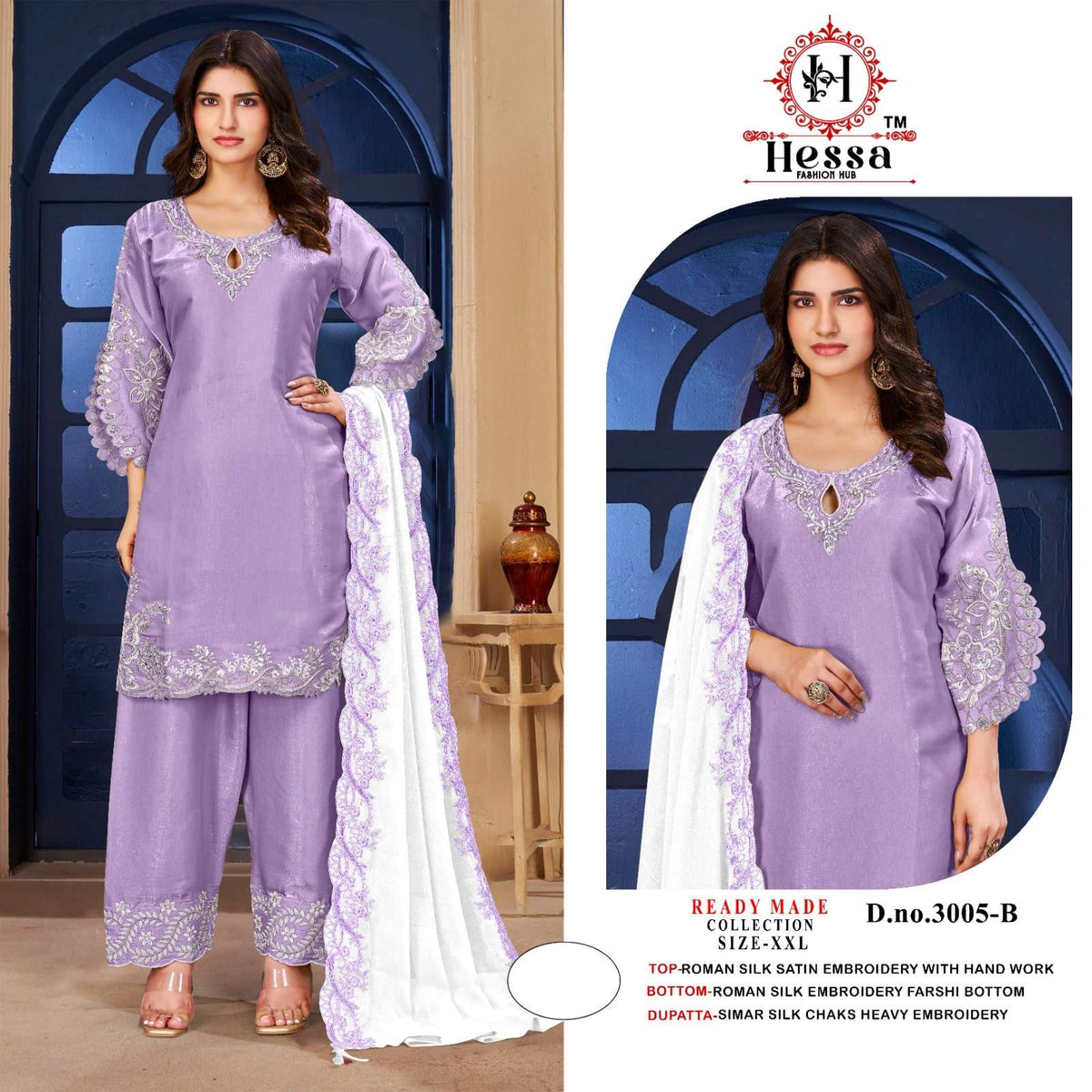 Hessa 3005 Roman Satin Embroidered Pakistani Suit Set Wholesale