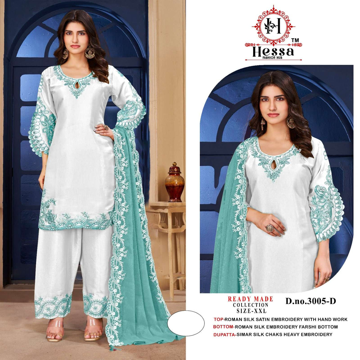 Hessa 3005 Roman Satin Embroidered Pakistani Suit Set Wholesale