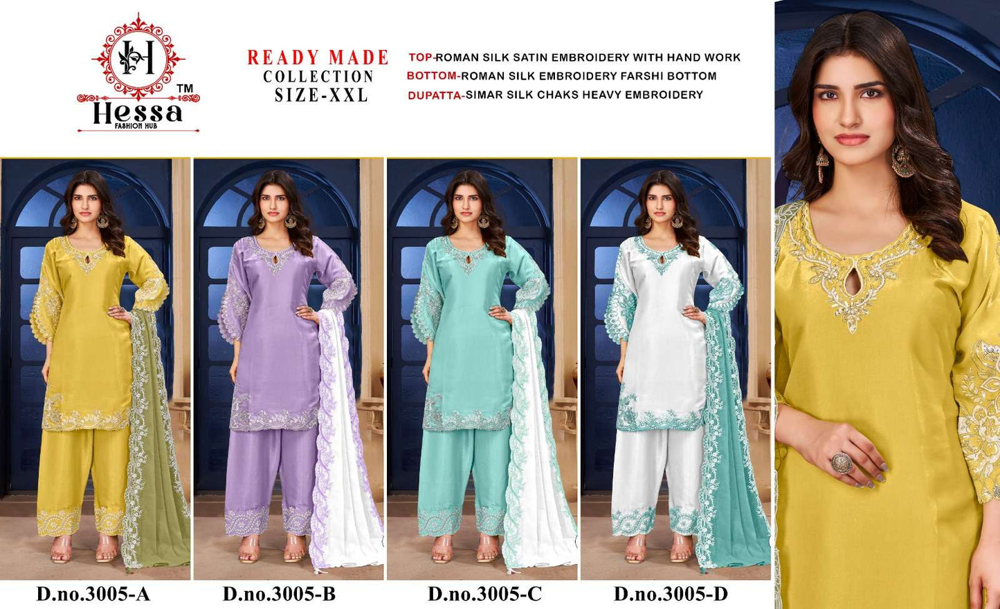 Hessa 3005 Roman Satin Embroidered Pakistani Suit Set Wholesale
