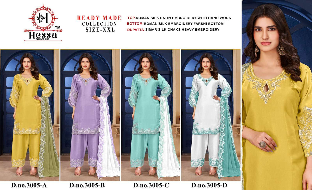 Hessa 3005 Roman Satin Embroidered Pakistani Suit Set Wholesale