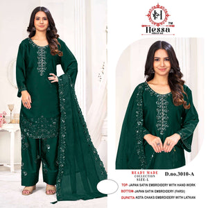 HESSA 3010 Satin Silk Embroidered Pakistani Suit Set