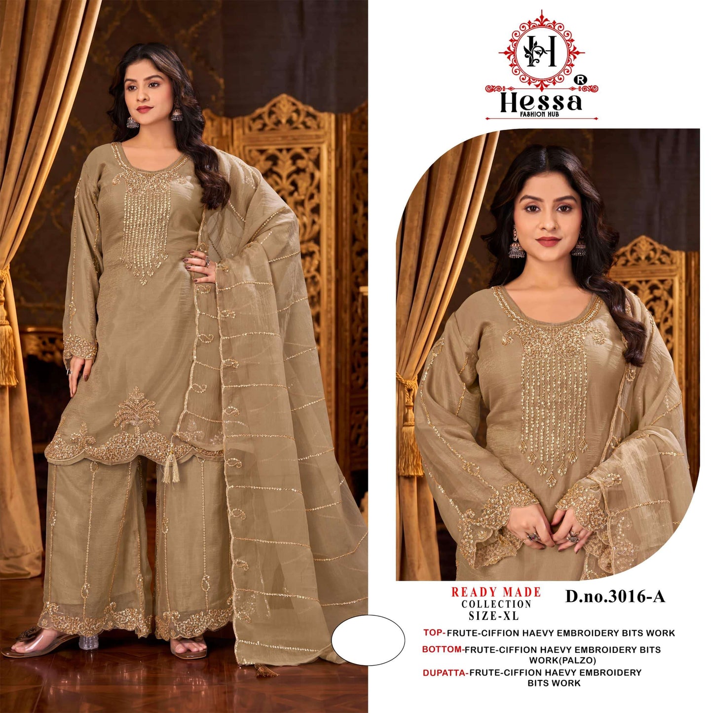HESSA 3016 Silk Embroidery with Hand Work Pakistani Suit Set