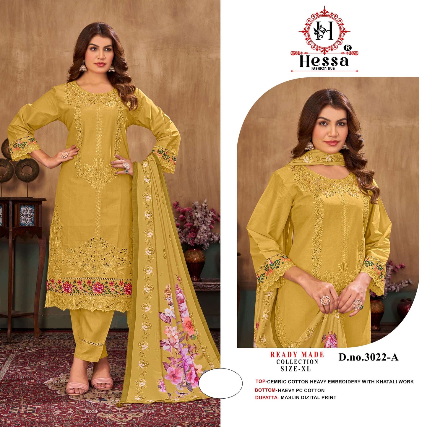 HESSA 3022 Cotton Embroidery with Hand Work Pakistani Suit Set