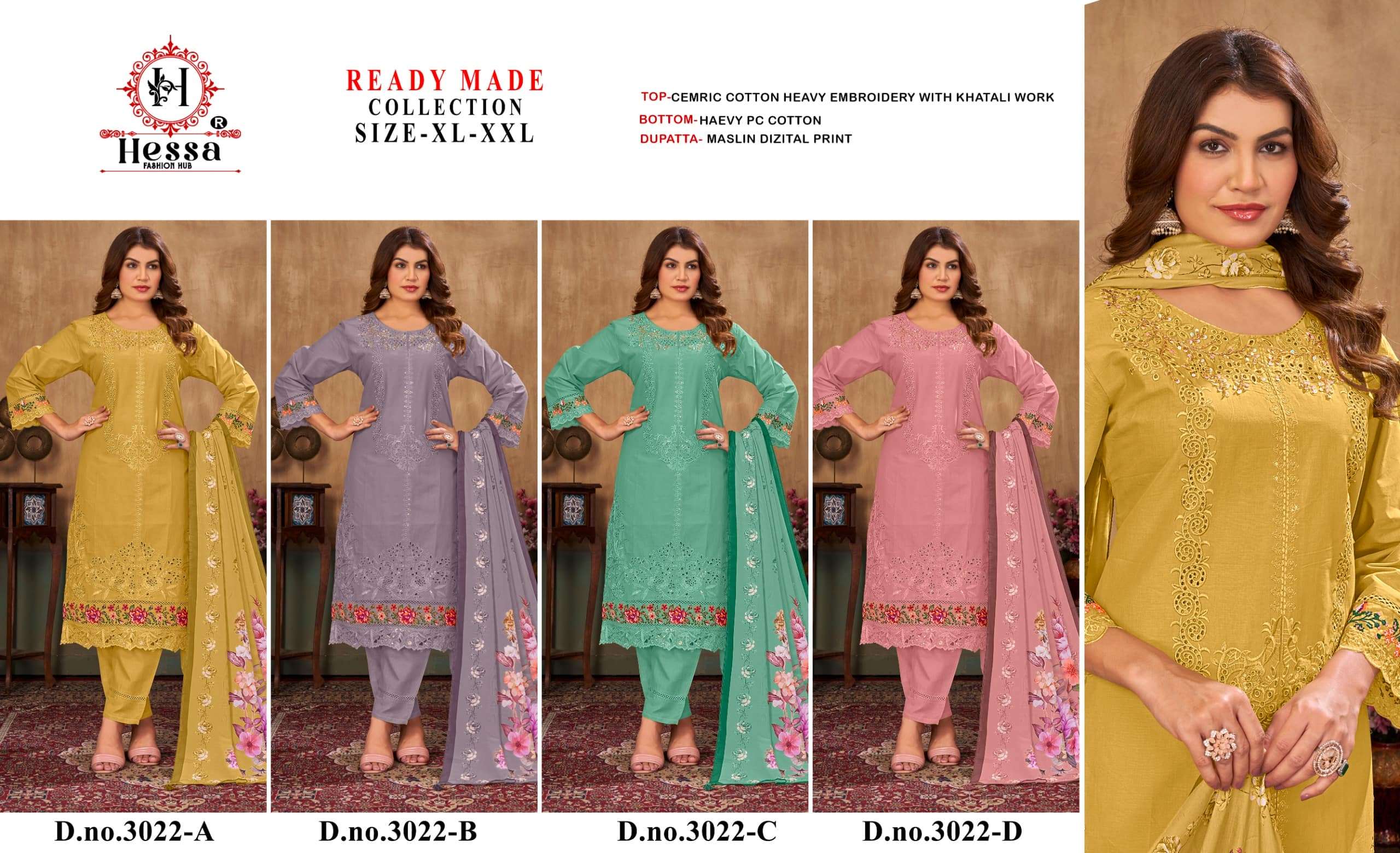 HESSA 3022 Cotton Embroidery with Hand Work Pakistani Suit Set