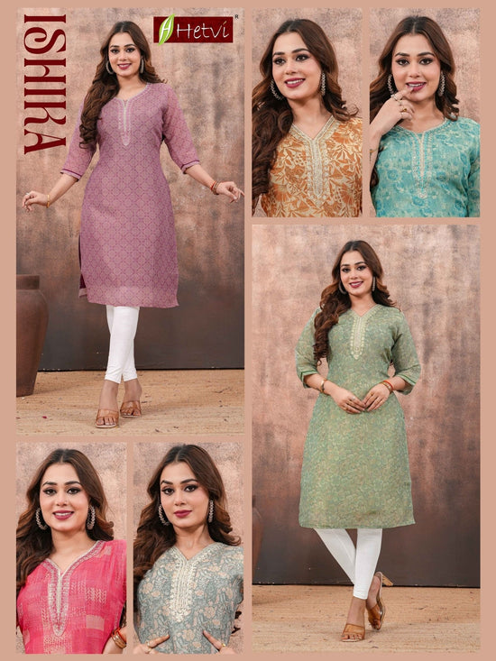 Hetvi Ishika Linen Simmar Digital Printed Embroidered Kurti - Amrah Wholesale