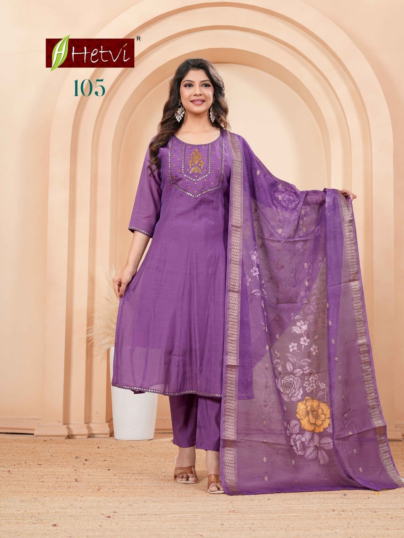 Hetvi Raylee Mal Chanderi Embroidered Kurti Pant Dupatta Set - Amrah Wholesale