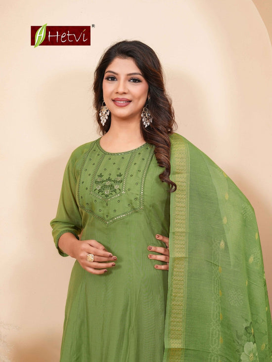 Hetvi Raylee Mal Chanderi Embroidered Kurti Pant Dupatta Set - Amrah Wholesale