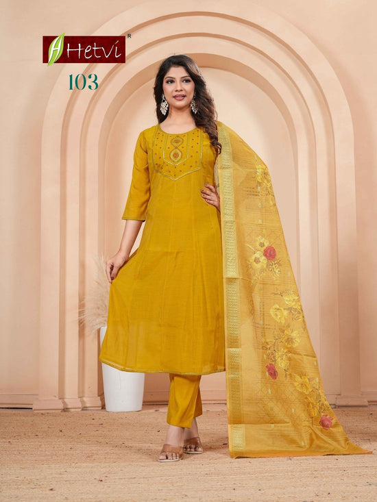 Hetvi Raylee Mal Chanderi Embroidered Kurti Pant Dupatta Set - Amrah Wholesale