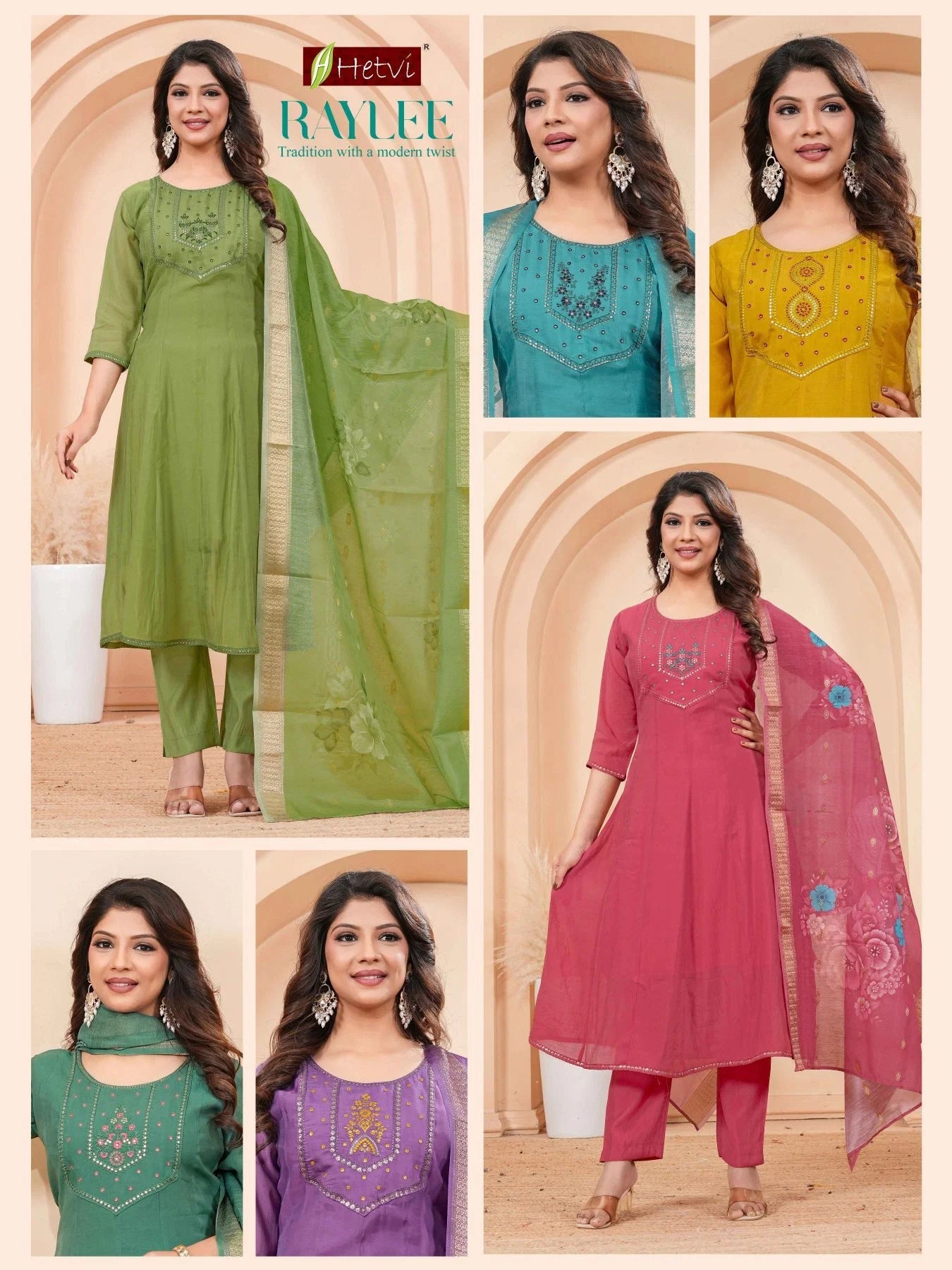 Hetvi Raylee Mal Chanderi Embroidered Kurti Pant Dupatta Set - Amrah Wholesale