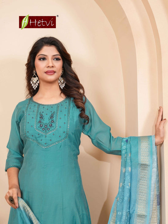Hetvi Raylee Mal Chanderi Embroidered Kurti Pant Dupatta Set