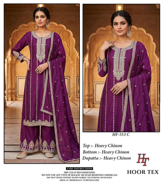 Hoor Tex HF-553 A To D Series Chinon Embroidery Stitched Pakistani Suit Set - Amrah Wholesale