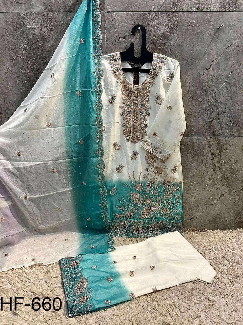 Hoor Tex HF-660 Shimmer Embroidery Fully Stitched Luxury Pakistani Suit Set - Amrah Wholesale