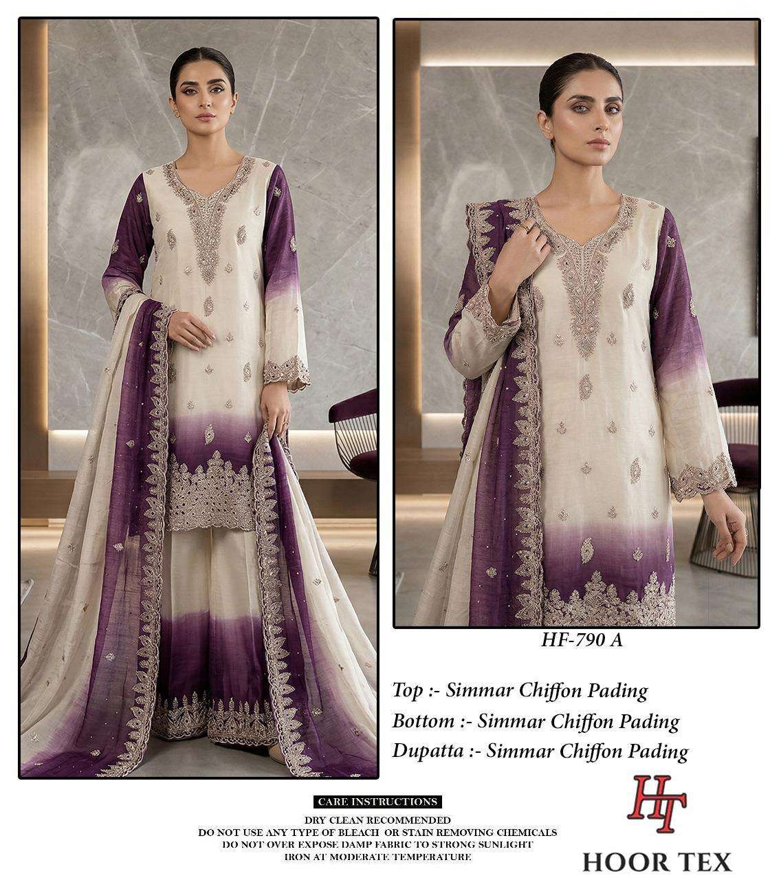 HOOR TEX HF-790 A TO D Series Chiffon Embroidered Stitched Pakistani Dress Set Wholesale Surat