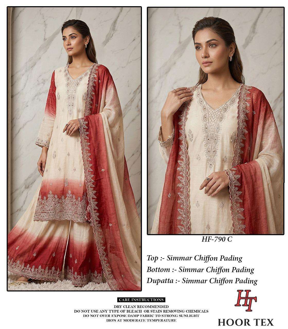HOOR TEX HF-790 A TO D Series Chiffon Embroidered Stitched Pakistani Dress Set Wholesale Surat