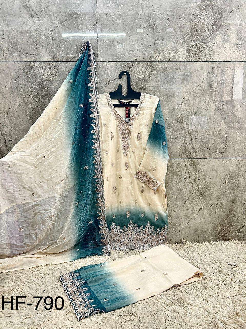 HOOR TEX HF-790 A TO D Series Chiffon Embroidered Stitched Pakistani Dress Set Wholesale Surat