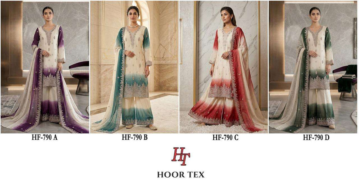 HOOR TEX HF-790 A TO D Series Chiffon Embroidered Stitched Pakistani Dress Set Wholesale Surat