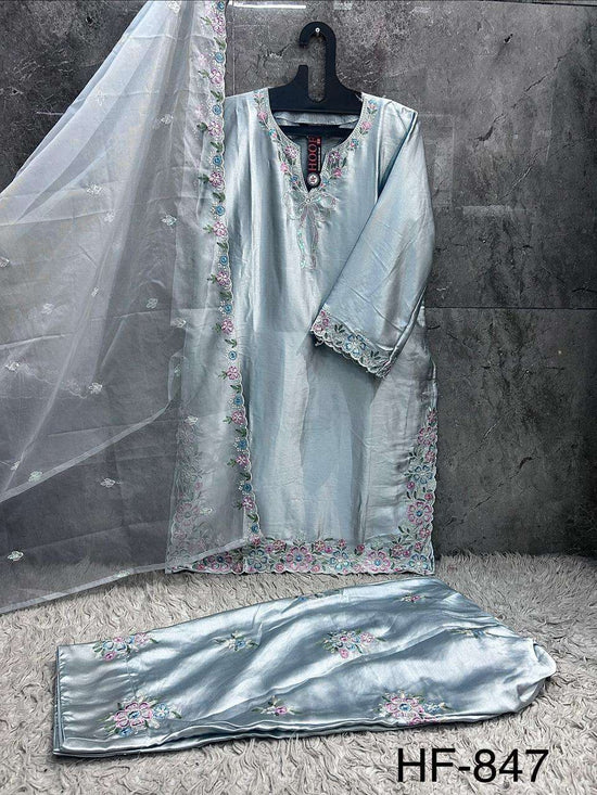 Hoor Tex HF-847 Malai Satin Embroidery Pakistani Suit Set