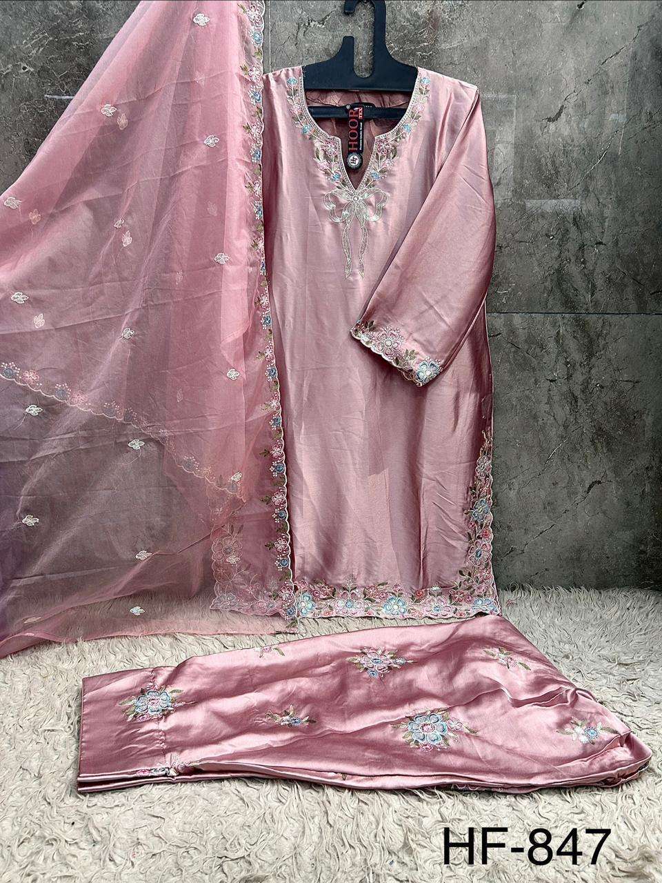Hoor Tex HF-847 Malai Satin Embroidery Pakistani Suit Set