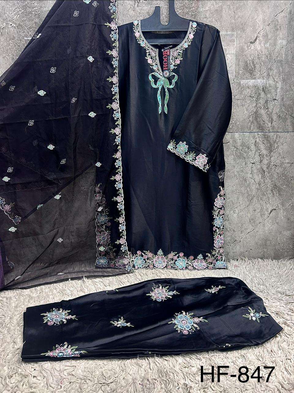 Hoor Tex HF-847 Malai Satin Embroidery Pakistani Suit Set